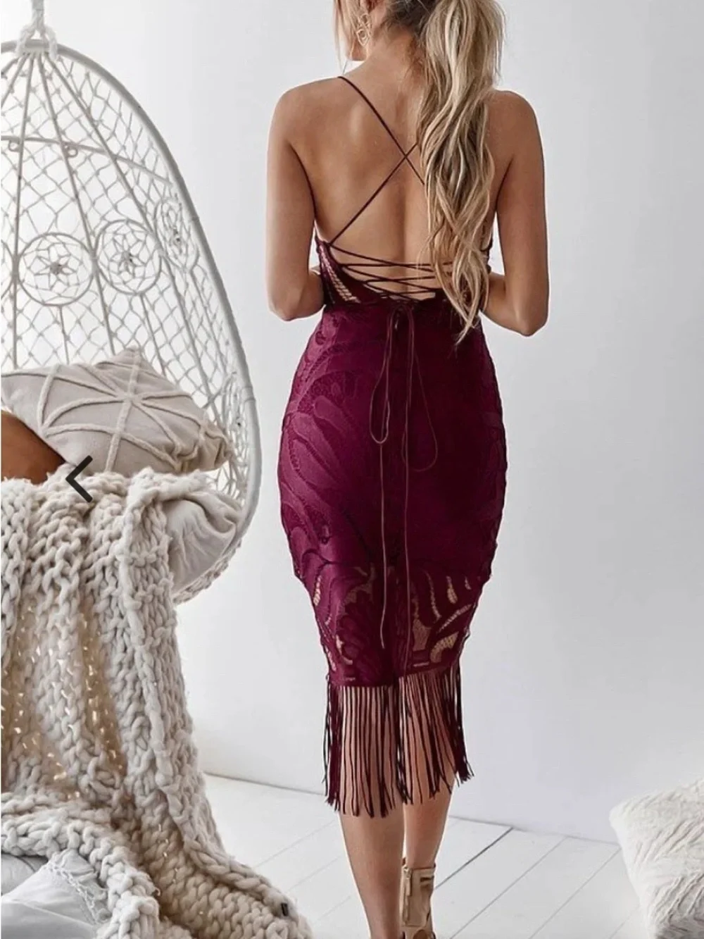 Spaghetti-Strap Burgundy Lace Midi Dress with Fringe